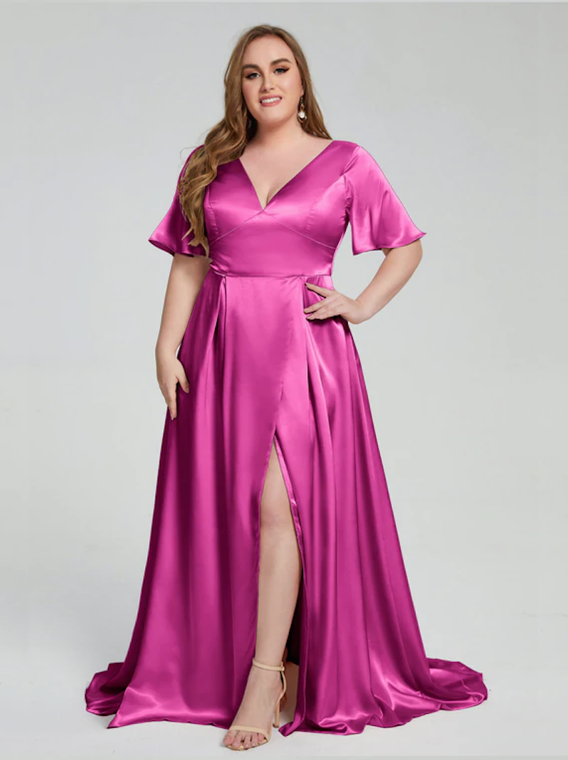 long pink dress with sleeves