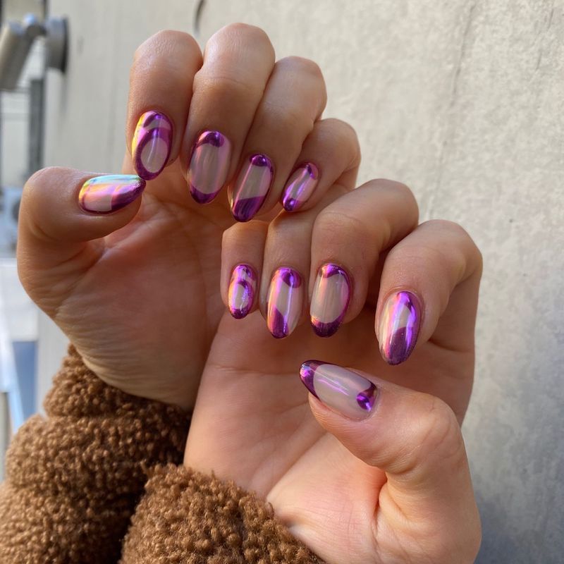 short acrylic nails purple metallic design