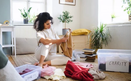 woman going through clothing on the floor