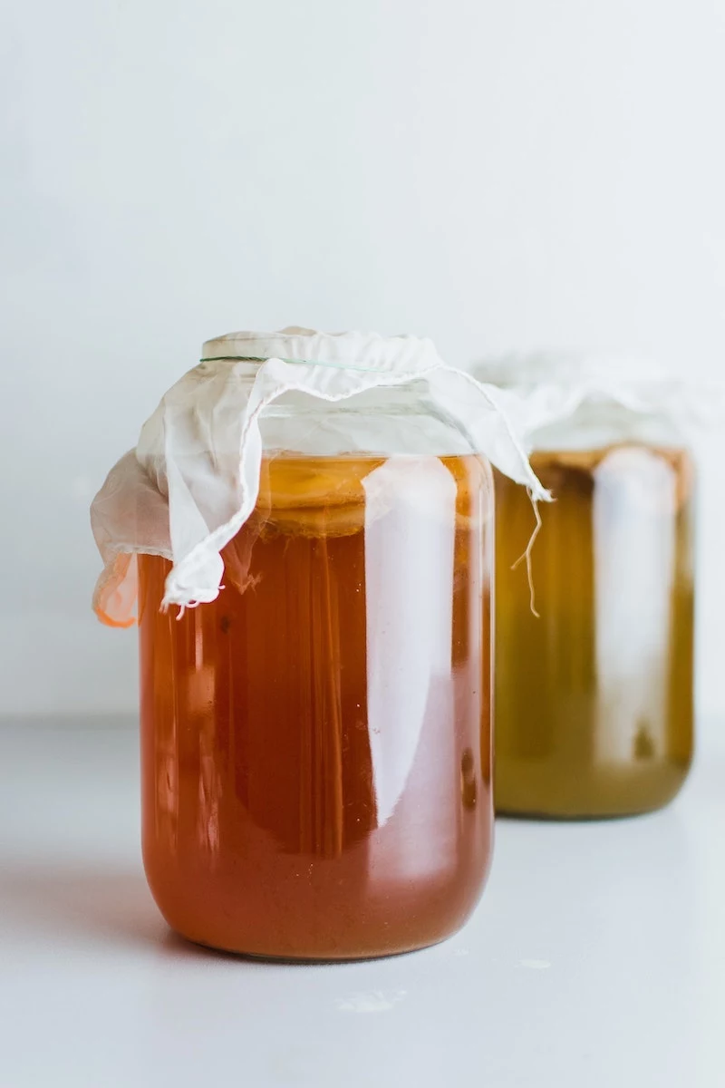 probiotic drinks kombucha tea in a big glass jar