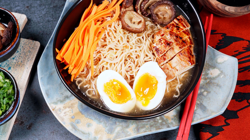ramen with mushrooms chicken carrots and egg