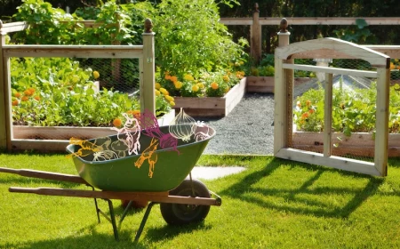 vegetable garden with wheel barrel and drawn veggies