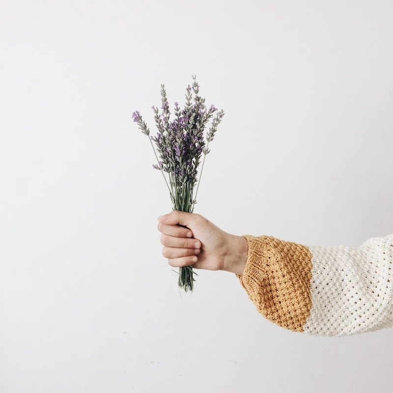 woman holding a lavender bouquet in hand
