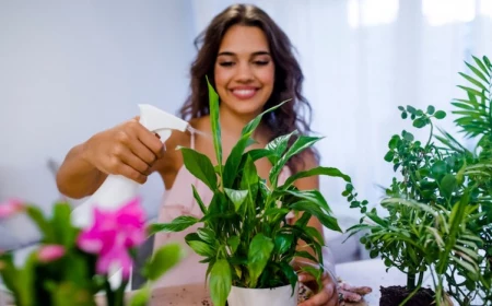 lucky plants for the home woman watering her plant with a smile