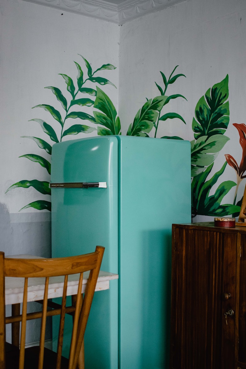 blue fridge in kitchen with plant in front of iy