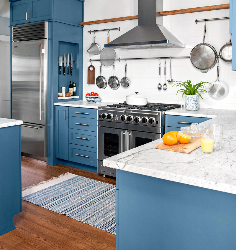 blue kitchen painted cabinets