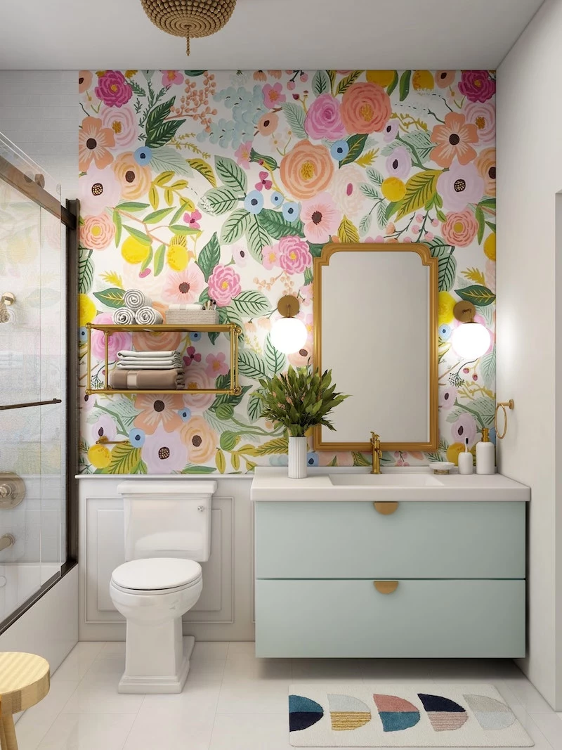 colorful bathroom with flower wallpaper