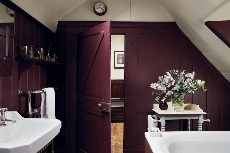 eggplant bathroom paint color with white panels