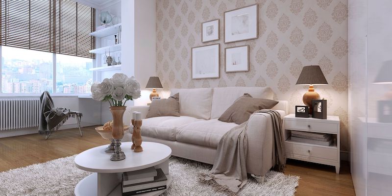 home decoration white living room sofa glued to the wall