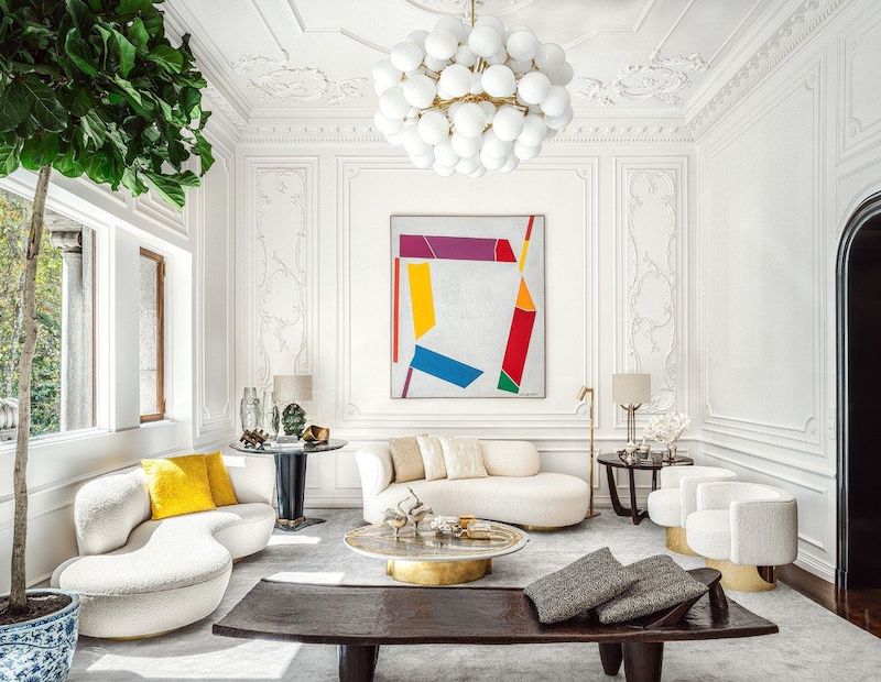 home decoration white living room with colorful painting