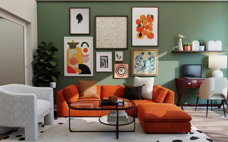 orange couch with painting on the wall