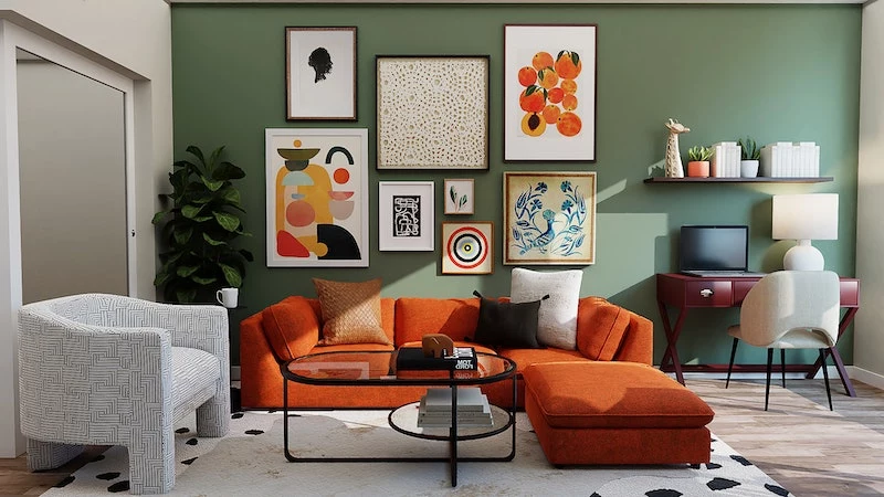 orange couch with painting on the wall