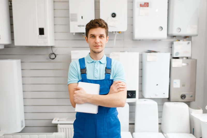 plumber at showcase with boilers, plumbering store