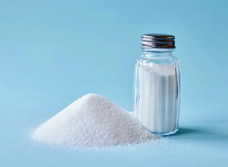 salt in a pile and salt in a shaker on blue background