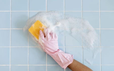scrubbing blue tiles with yellow sponge