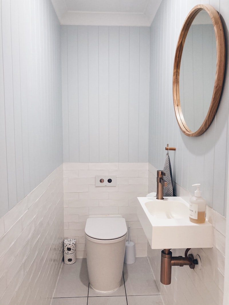 small bathroom with light blue plant color