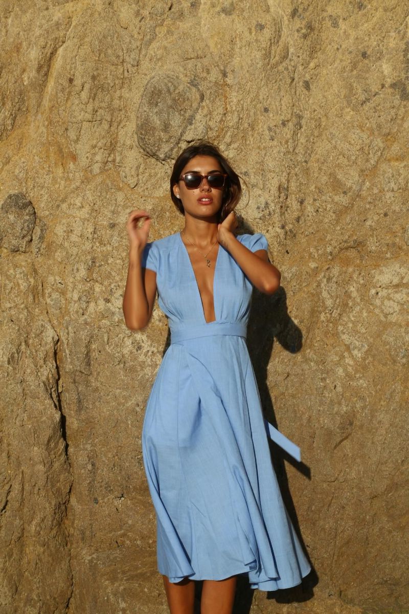 summer wardrobe woman wearing sky blue dress