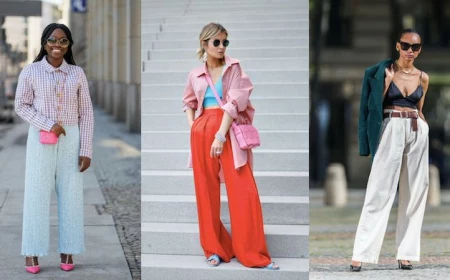 three pictures of women wearing wide leg trousers