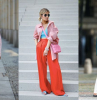 three pictures of women wearing wide leg trousers