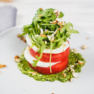 Watermelon Caprese: Summer Salad with Arugula Pesto, Mozzarella & Crushed Almonds