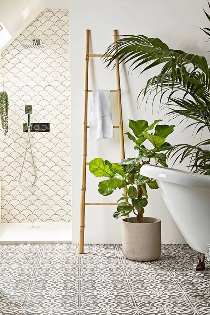 bathroom plants in white bathroom with ladder