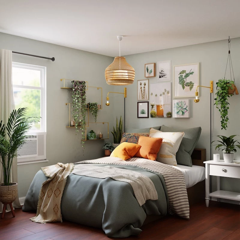 bedroom with lights and plants