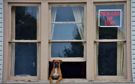 beware of dog sign with dog poking through window