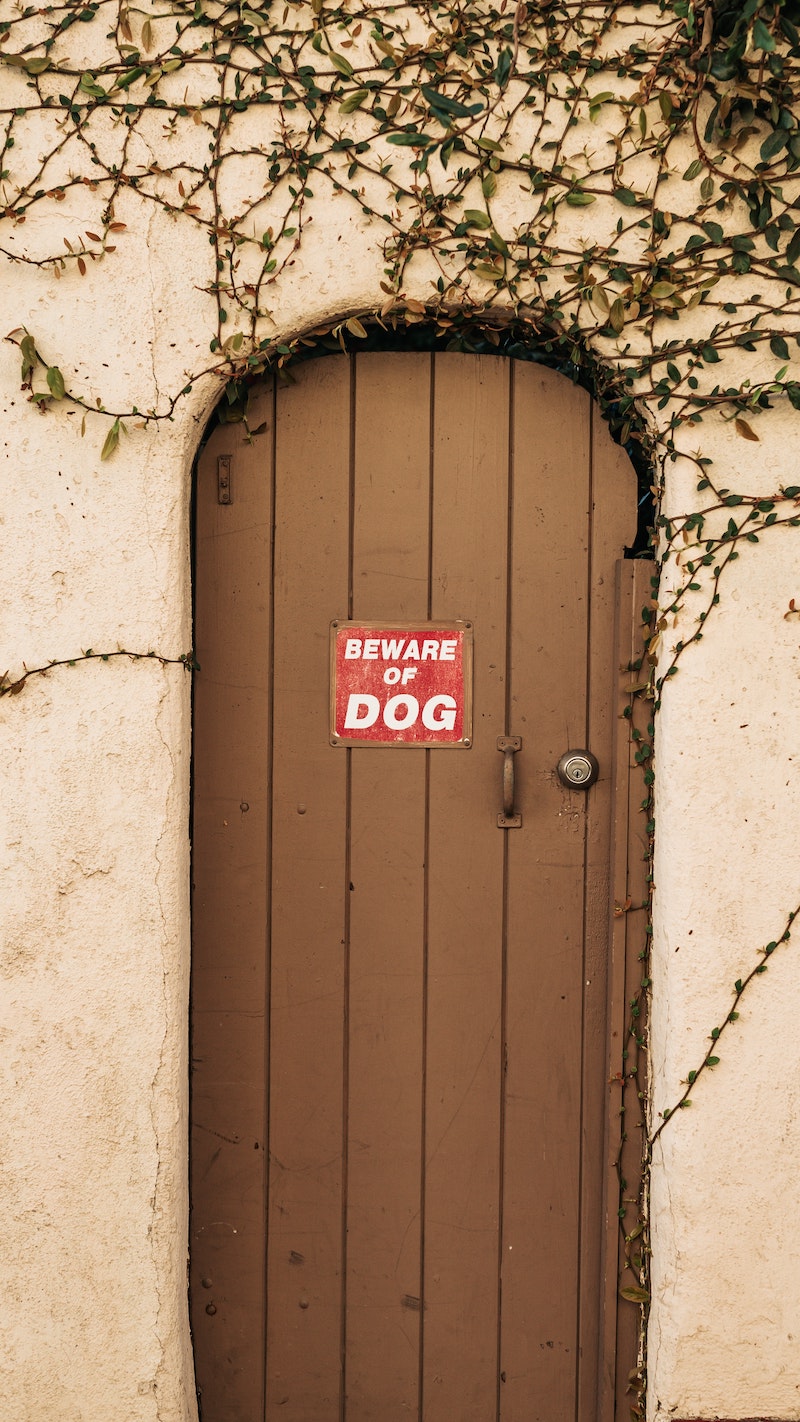 brown door with beware of dog sign on it