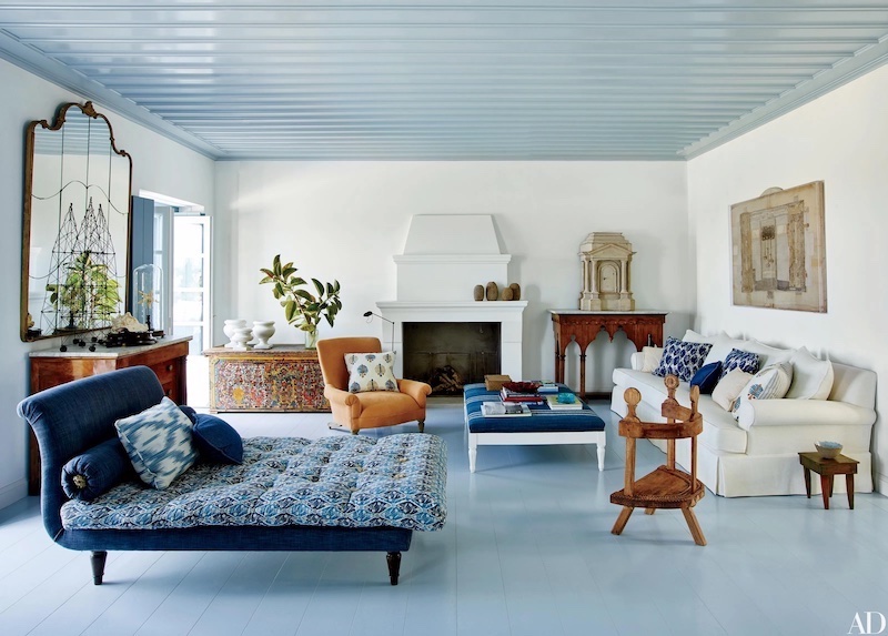 colored ceiling with blue paint and blue living room