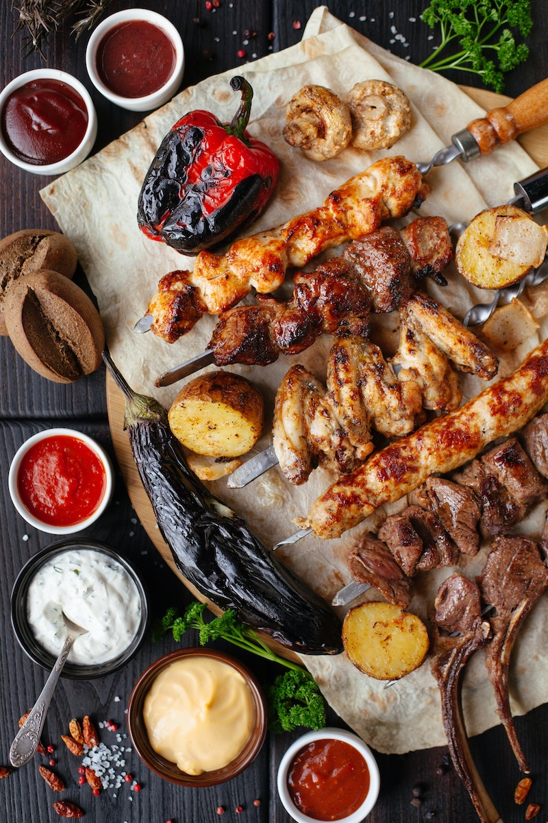 foods high in protein different types of meat on skewers
