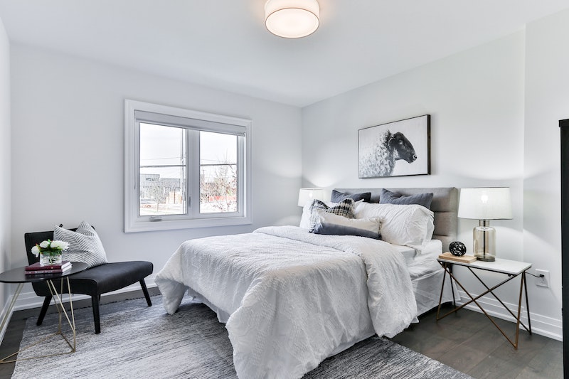 gray and white bedroom clean and idy