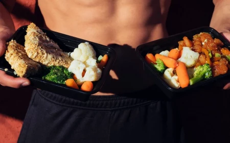 man with abs holding meal filled with vegetables