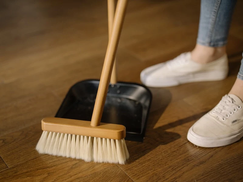 shoes with sweep and dust bin on floor