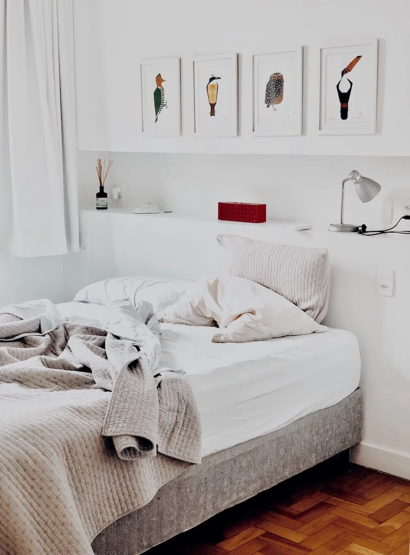 white bedroom with paintings of birds above the bed