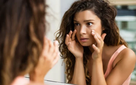 woman looking at her wrinkles around the eyes