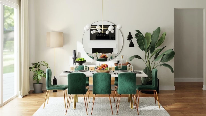 beautiful green dining room with natural light