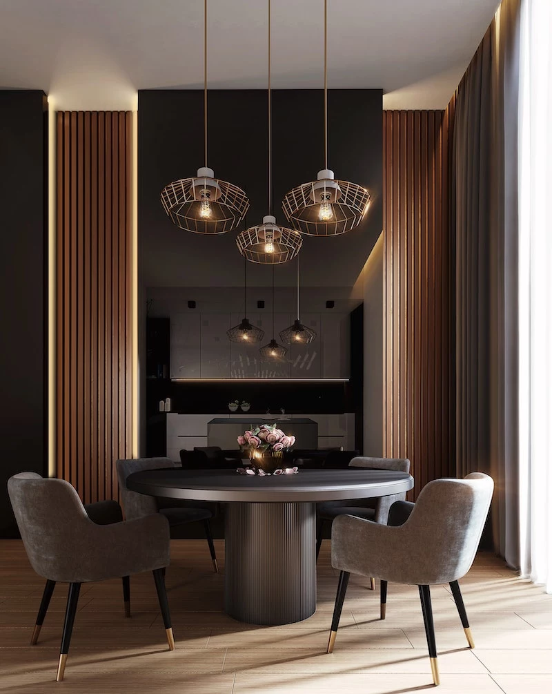 dark and black dining table with cchairs
