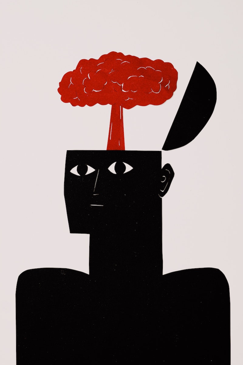 drawing of a man with his brain in a cloud formation