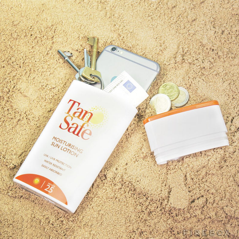 fake sun screen bottle with phone and keys inside