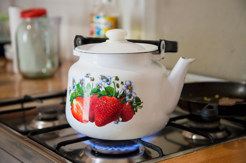 kettle with strawberry print on the stove boiling