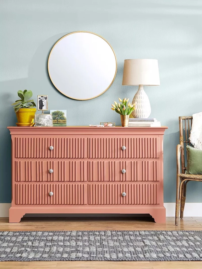 leftover paint pink painted dresser gray wall gold mirror