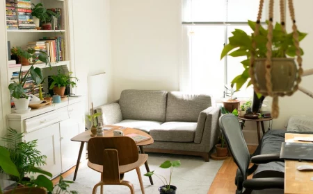 living room with plants and a gray couch