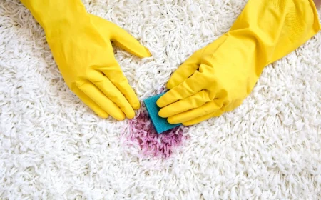 person cleaning red stain on white carpet