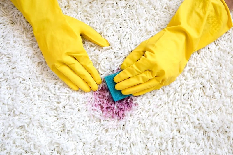 person cleaning red stain on white carpet
