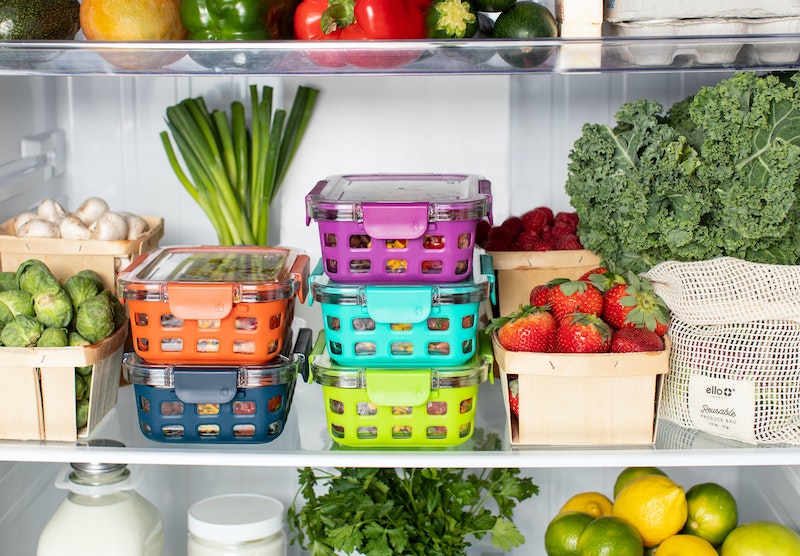 stored food in containers in the fridge
