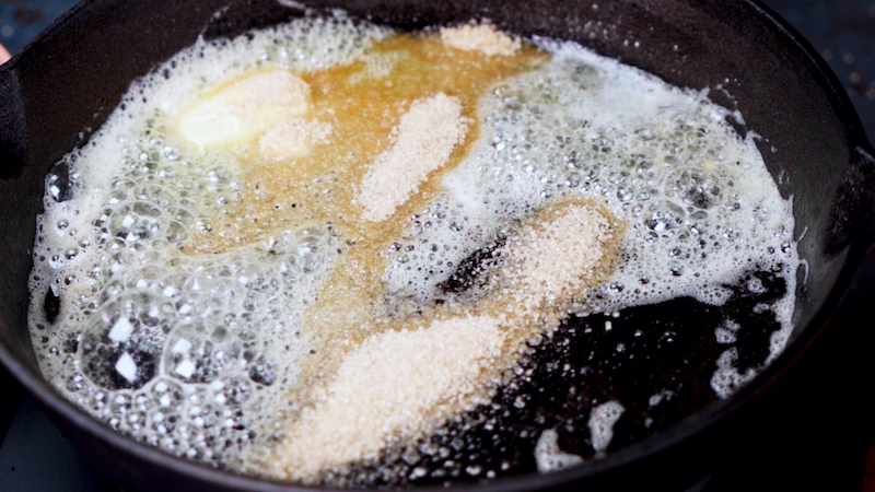 sugar and butter in a cast iron pan