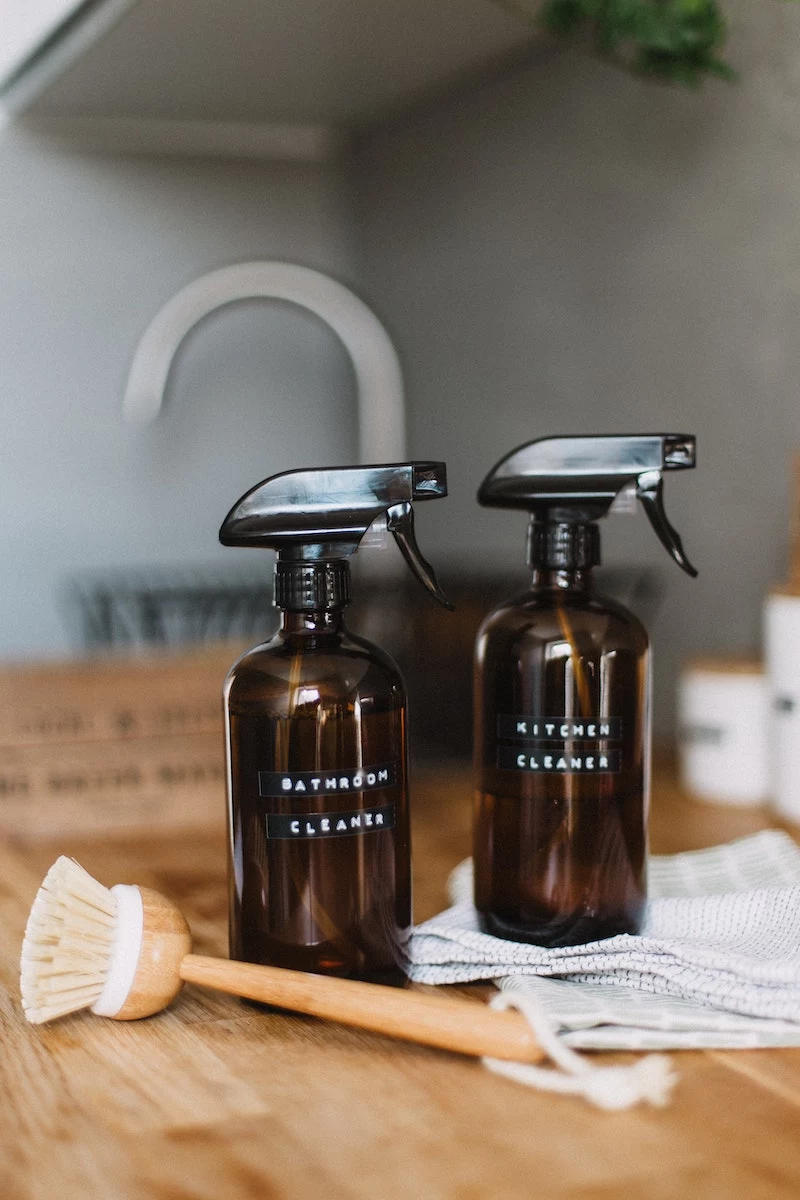 bathroom cleaner and kitchen cleaner in spray bottles