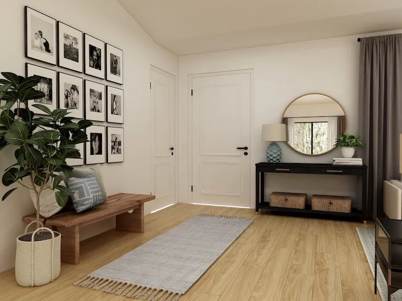 entryway with wooden bench and rug
