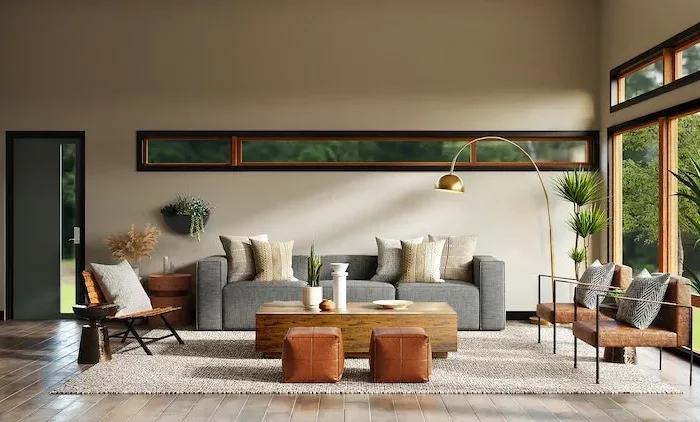 gray couch with wooden coffee table