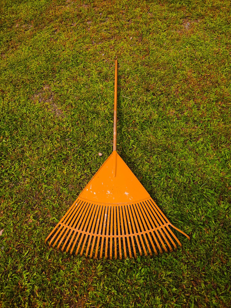 how to prepare your lawn for winter orange rake laying on green lawn